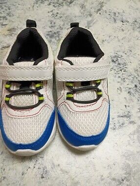 Kids White and Blue Athletic Sneakers with Velcro Strap